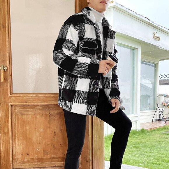 . Other - Black & White Preppy Mens Buffalo Plaid Pattern Flap Pocket Coat